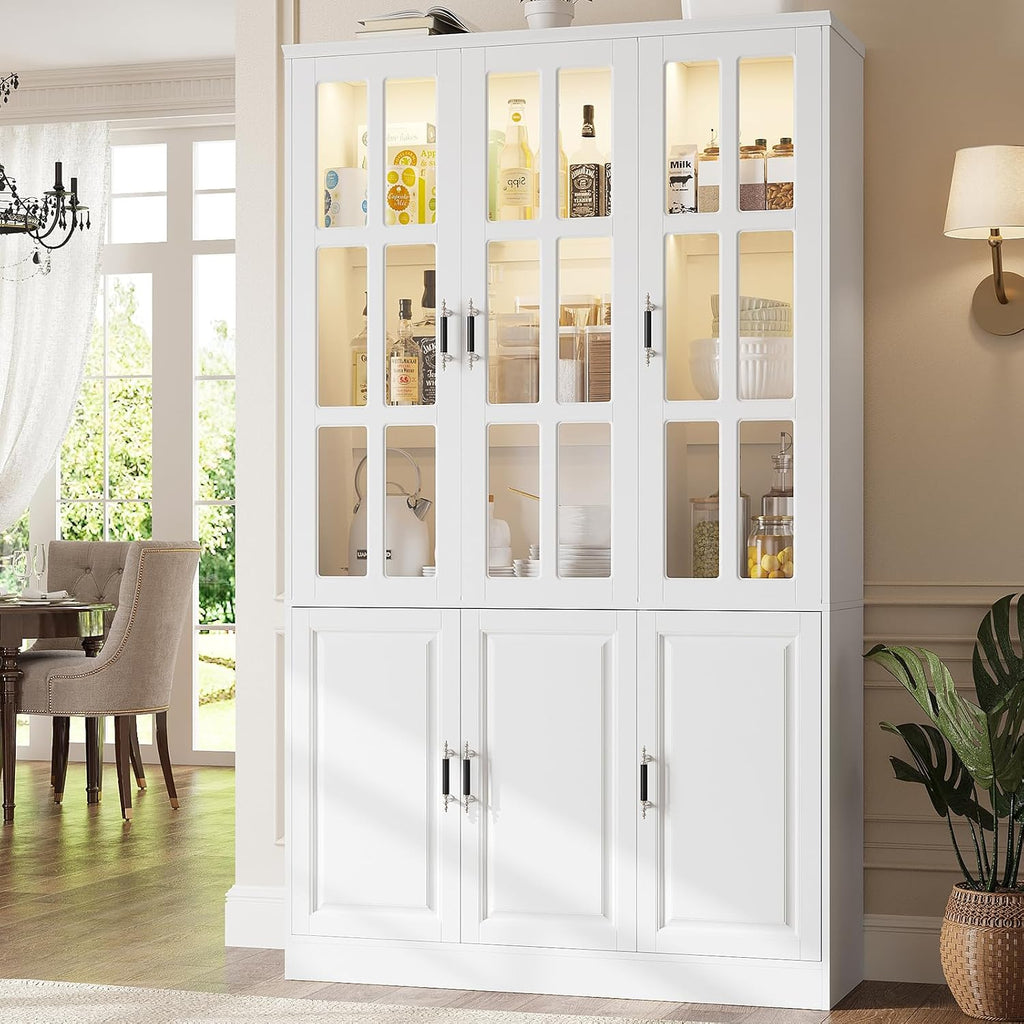 MEISSALIVVE 78.7' Kitchen Pantry Storage Cabinet with LED Lights, Tall Pantry Cabinet with Glass Doors, Kitchen Hutch Utility Pantry, White (47.2' W x 15.7' D)