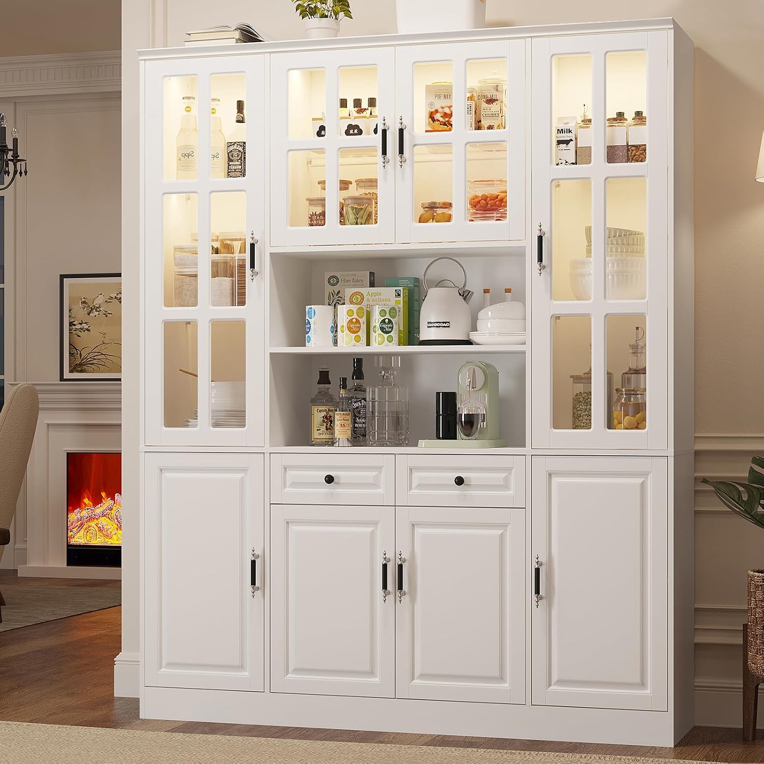 MEISSALIVVE Kitchen Pantry Storage Cabinet with LED Lights, 78.7' Tall with Glass Doors & Drawers, Freestanding Utility Cabinet, White (63' W x 15.7' D)