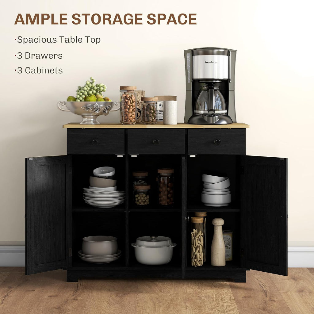 HOMCOM Sideboard Buffet Cabinet with Solid Wood Countertop, Modern Kitchen Storage Cabinet, Coffee Bar Cabinet with 3 Drawers, Doors and Adjustable Shelf, Distressed Black
