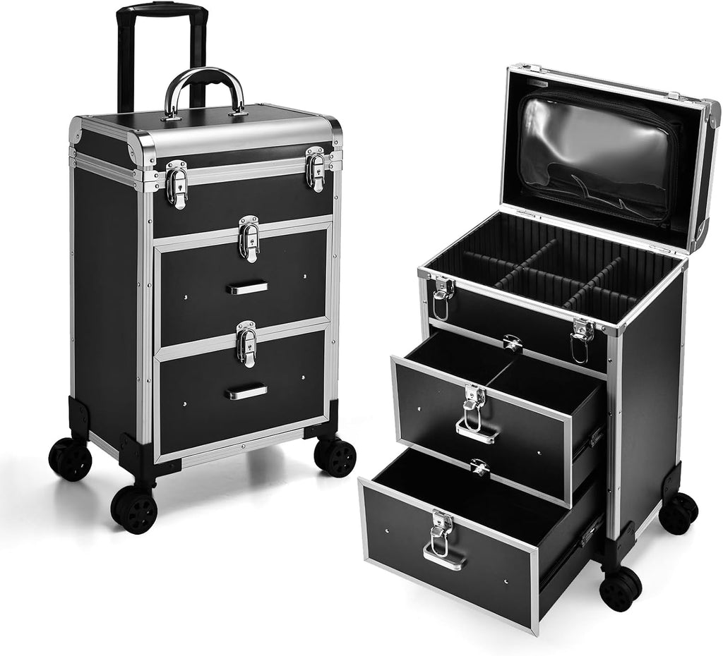 Professional Rolling Makeup Train Case with Drawers, Large Cosmetic Trolley with Locks, Cosmetics Storage Organizer Make up Case for Travel Makeup/Nail Art/Hair Styling, Matte Black