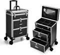 Professional Rolling Makeup Train Case with Drawers, Large Cosmetic Trolley with Locks, Cosmetics Storage Organizer Make up Case for Travel Makeup/Nail Art/Hair Styling, Matte Black