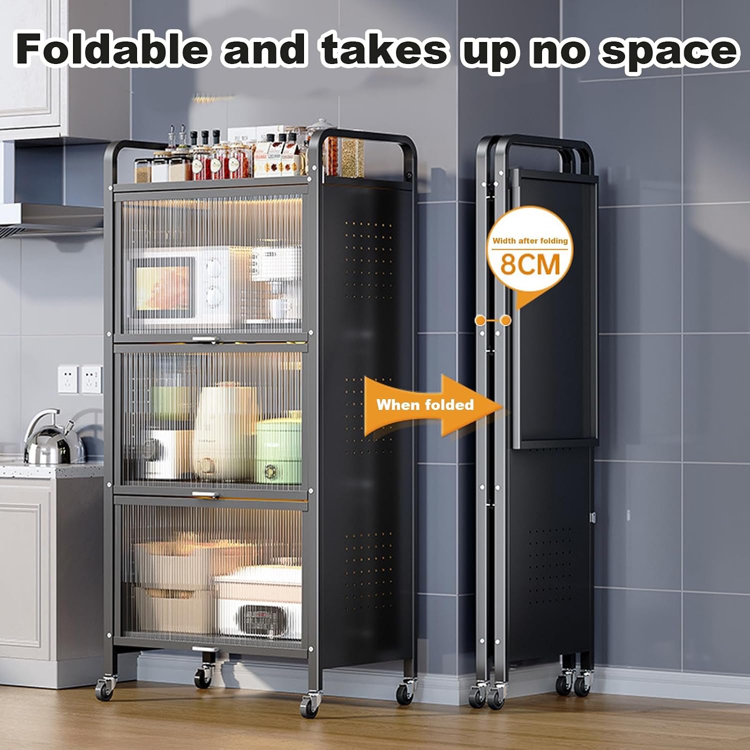 Microwave Stand with Wheels, Foldable Metal Kitchen Rack, Dust-Proof Cabinet Storage, Free Standing Baker's Rack for Microwave Ovens, Perfect for Garage & Home Use,Black,3,Tier