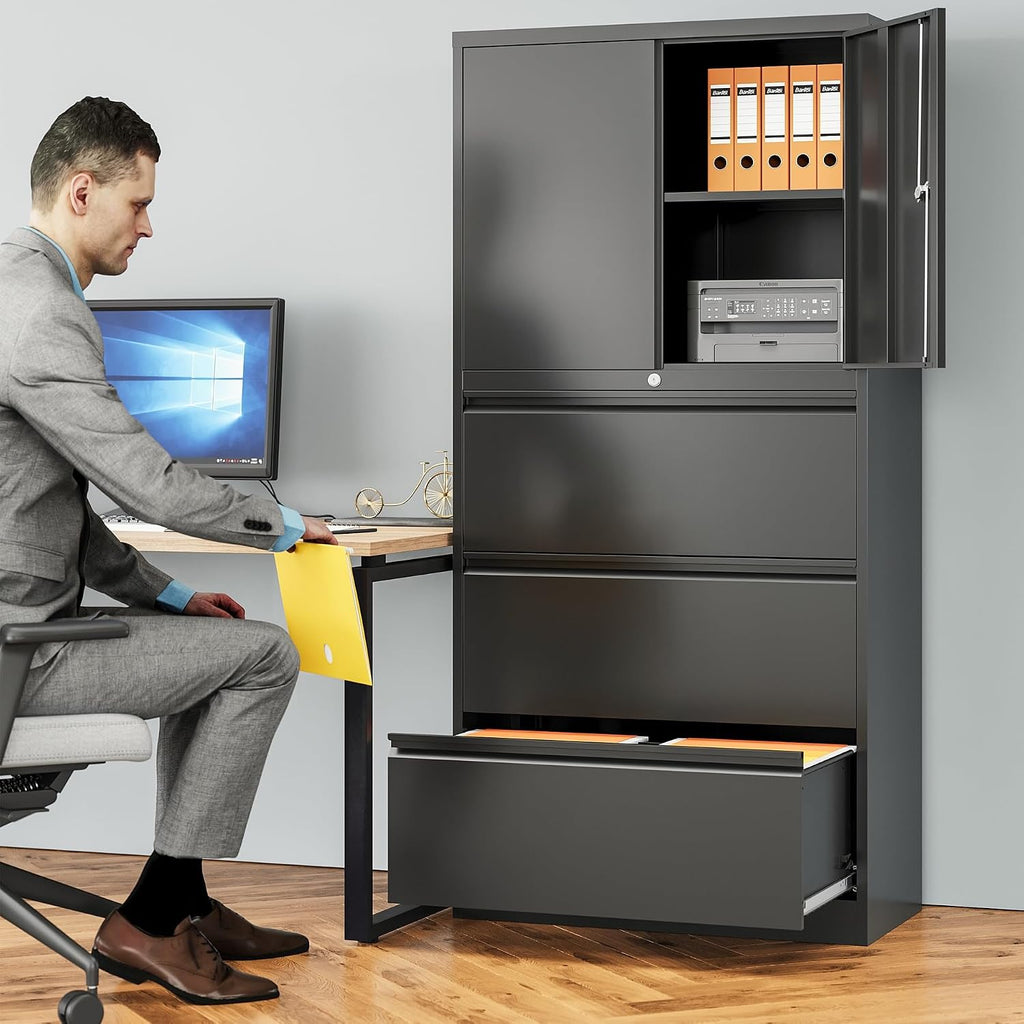 SISESOL 3 Drawer Lateral File Cabinet with Lock and Shelf,Black Metal Filling Cabinet with Drawers and Shelf, Locking File Storage Cabinets with Doors and Shelves for Home,Office,Garage,School