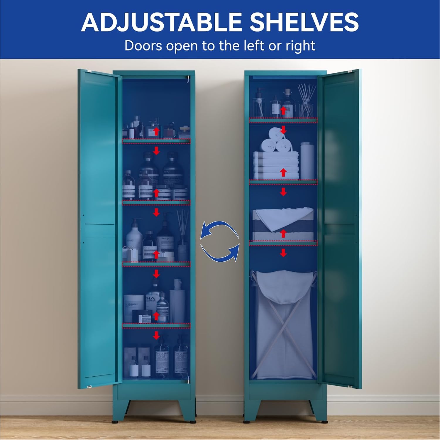 COFaR 67'' Tall Slim Bathroom Storage Cabinet, Metal Narrow Pantry Cabinet with 4 Adjustable Shelves and One Door, Skinny Cabinet Storage for Kitchen Laundry, Peacock Blue Farmhouse 5 Tiers