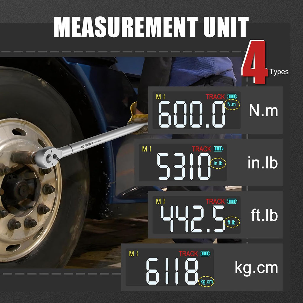 VANPO 3/4-Inch Digital Torque Wrench 22.1-442.5 Ft-Lb/30-600Nm, ±2% Accuracy Heavy-Duty Electronic Torque Wrench with Triple Alert, Preset Memory for Trucks, Construction & Industrial Equipment