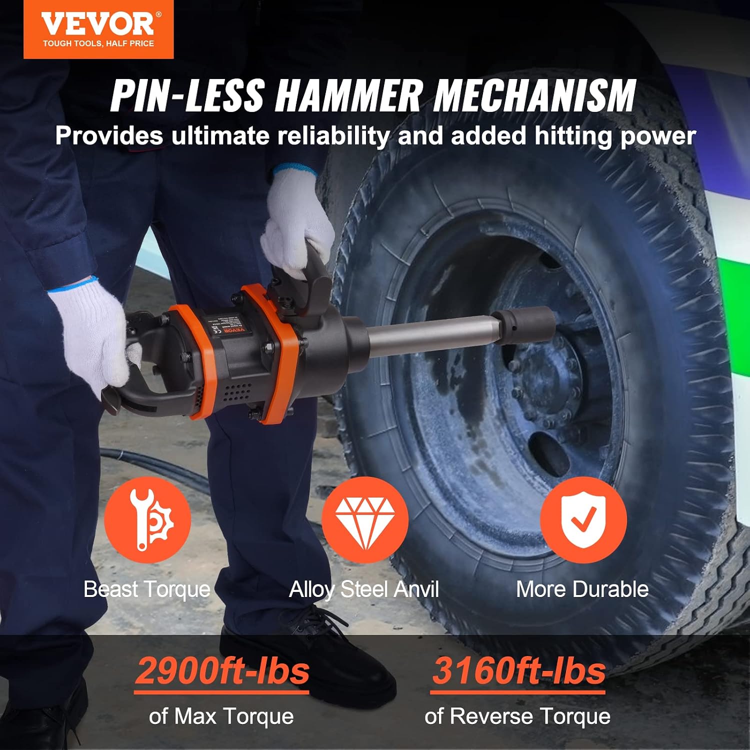 VEVOR 1 Inch Air Impact Wrench, Up to 3160 ft-lbs High Reverse Torque Output 1' Pneumatic Impact Gun w/ 8 Inch Extended Anvil & Carrying Case for Heavy Duty Repairs and Maintenance