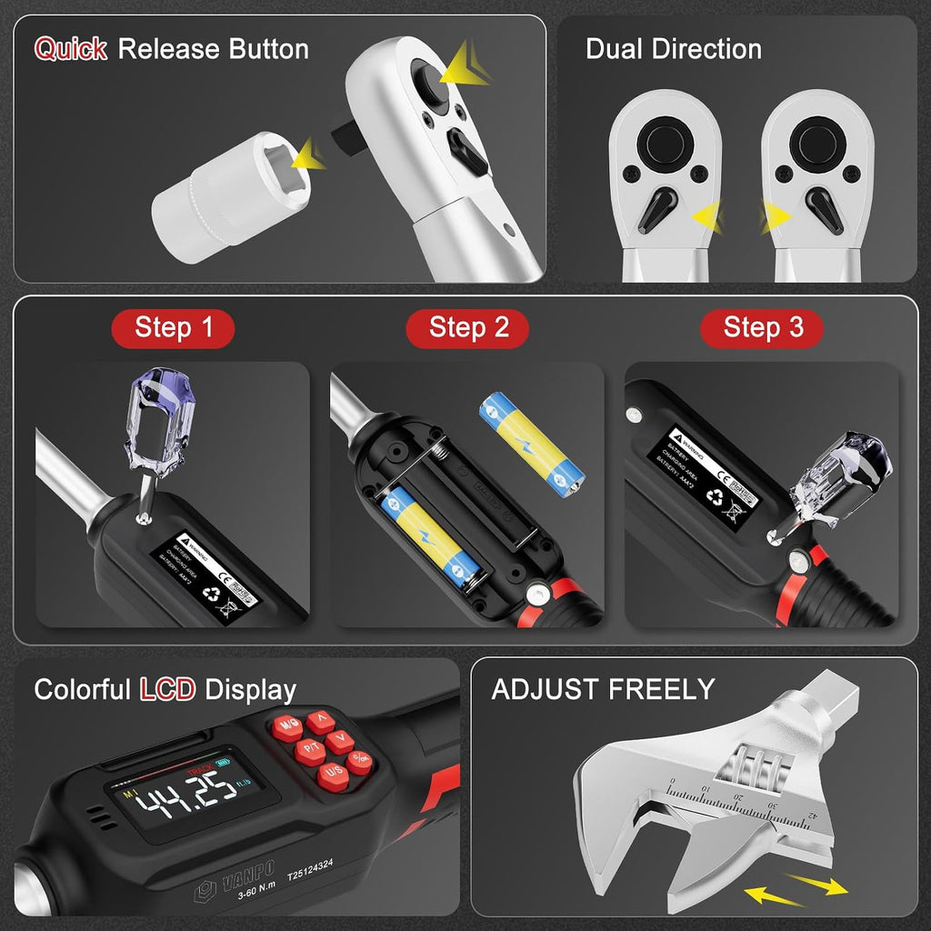 VANPO Adjustable Digital Torque Wrench, 2.2-44.3 Ft.lb/3-60Nm, ±2% Accuracy, HVAC Torque Wrench with Interchangeable 42mm Jaw & 3/8' Ratchet Head, Buzzer and LED Alert for Split AC, Moto