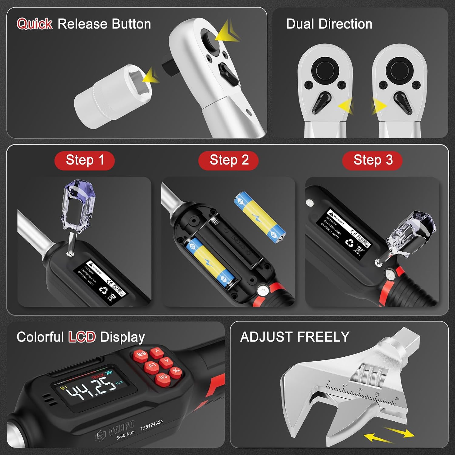 VANPO Adjustable Digital Torque Wrench, 2.2-44.3 Ft.lb/3-60Nm, ±2% Accuracy, HVAC Torque Wrench with Interchangeable 42mm Jaw & 3/8' Ratchet Head, Buzzer and LED Alert for Split AC, Moto