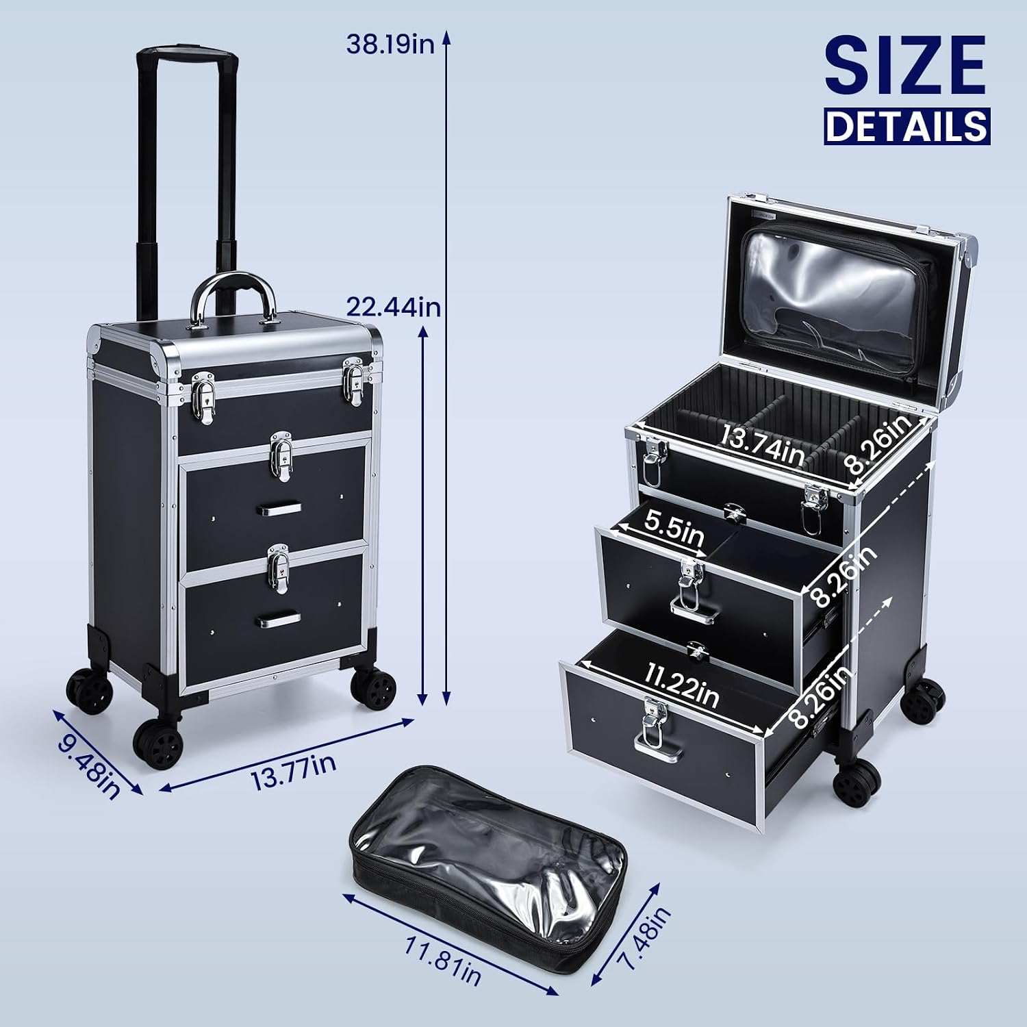Professional Rolling Makeup Train Case with Drawers, Large Cosmetic Trolley with Locks, Cosmetics Storage Organizer Make up Case for Travel Makeup/Nail Art/Hair Styling, Matte Black