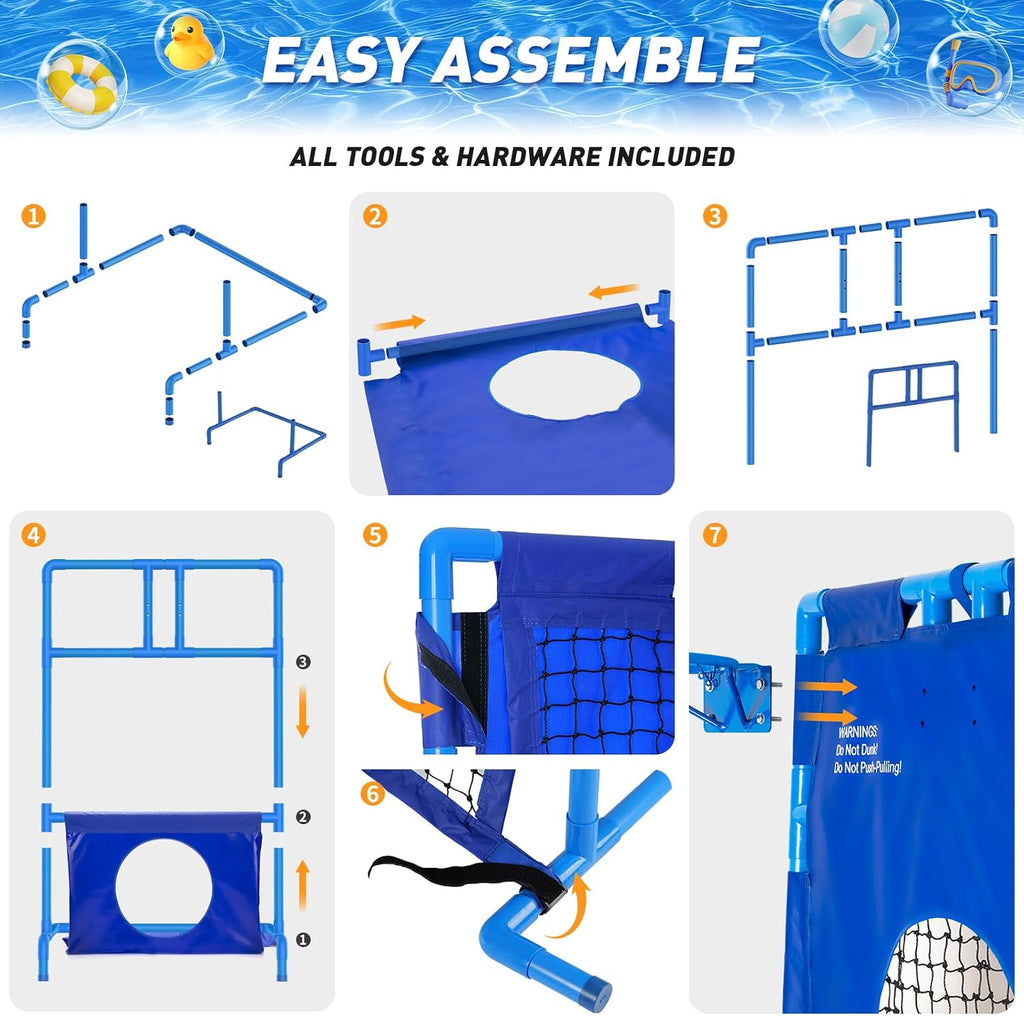 Pool Basketball Hoop ＆ Football Target Net 2-in-1 Set, for Various Fun Game, 6 Balls Included, Settle Your Summer Party