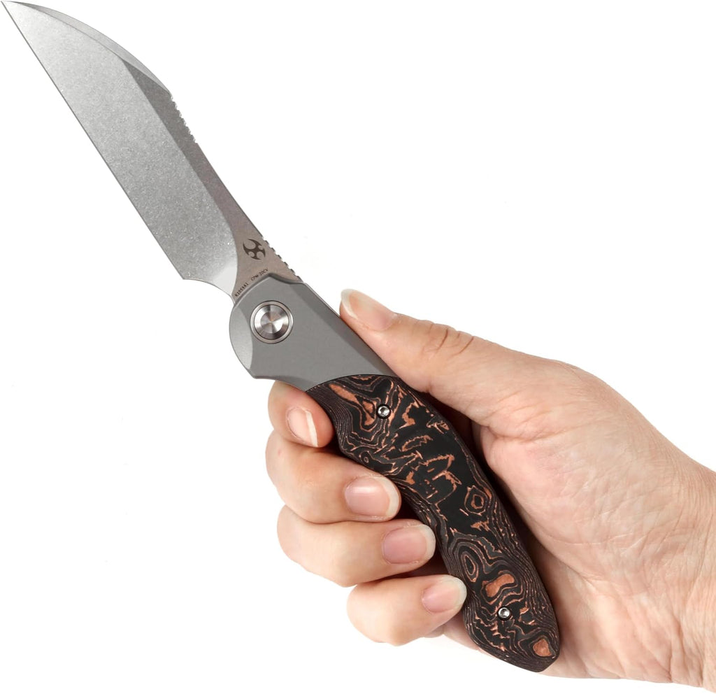 KANSEPT Cosmos Pocket Folding Knives for Men EDC Camping Knife 3.58'' CPM 20CV Blade Material Pocket Folding Knife with Titanium Copper Carbon Fiber Handle Everyday Carry K1059A1