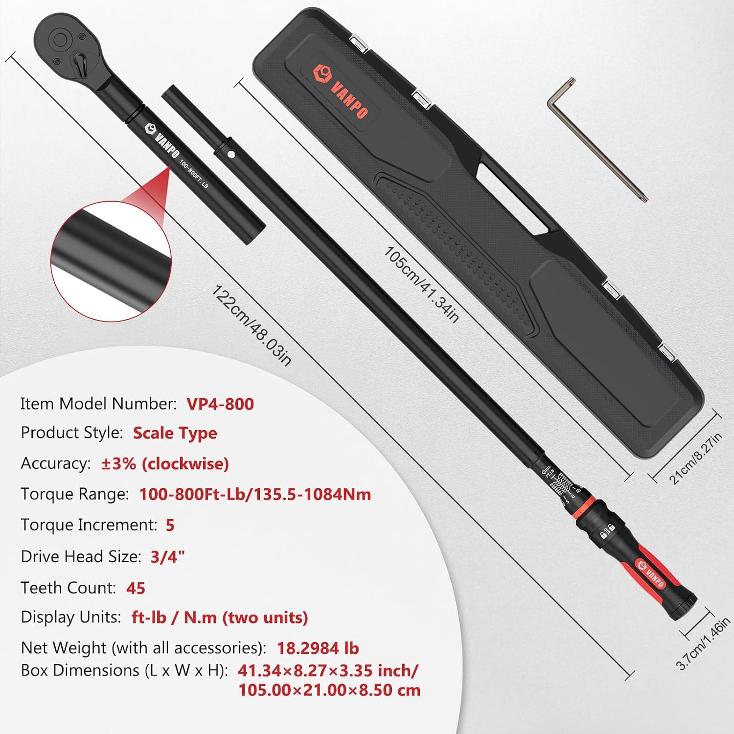 VANPO Torque Wrench 3/4-Inch Drive 100–800 Ft-Lb Heavy Duty Click Type for Construction & Agricultural Equipment – TPR+ABS Handle, ±3% Accuracy, 45-Tooth Ratchet, 48' Long Handle with Case
