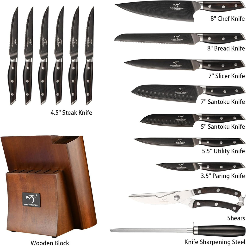 16-Piece Damascus Knife Set with VG10 Core Blades, 67-Layer Damascus Steel, Black Titanium Coated Kitchen Knives for Polished Ebony Wood Handle, Professional Chefs & Home Cooking