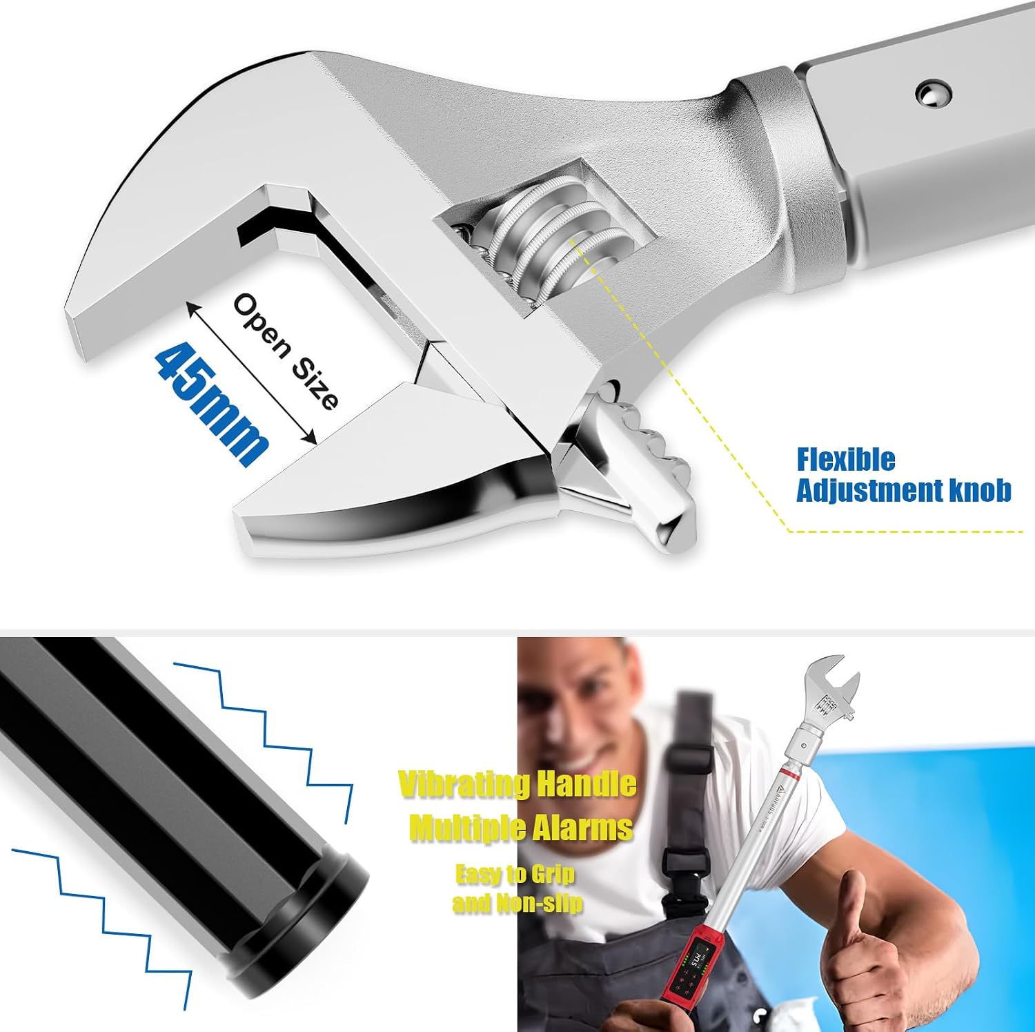ANPUDS Adjustable Digital Torque Wrench, 2.2-147.5 Ft.lb, ±1% Accuracy | 3-200 Nm, 45mm Jaw & 1/2' Ratchet, 14×18mm Open End, Vibration, Buzzer and LED Indicator, for HVAC, Split AC, Auto, Plumbing