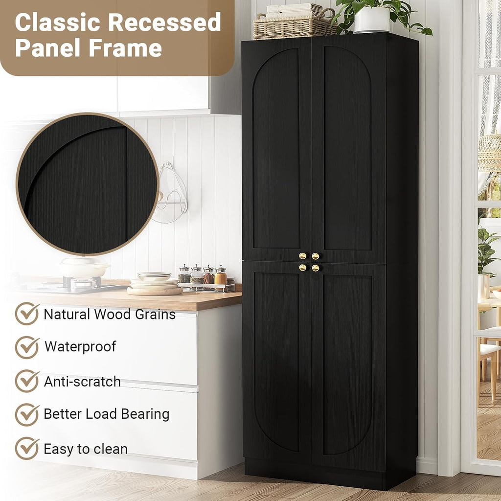 Cyclysio 80' Kitchen Pantry, Extra Tall Arch Storage Cabinet with 8 Soft Close Doors and Adjustable Shelves, Freestanding Wood Cupboard with Seamless Fit Wall for Dining Living Room Bathroom Furniture