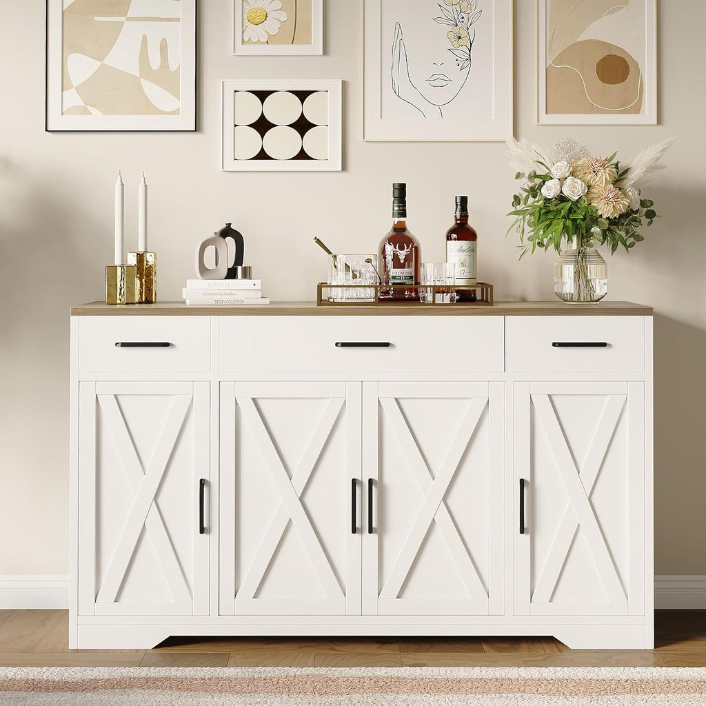55' Sideboard with Storage Kitchen Storage Cabinet with 3 Drawers, Modern Large Wood Farmhouse Buffet Cabinet TV Stand Coffee Bar for Living Room Hallway