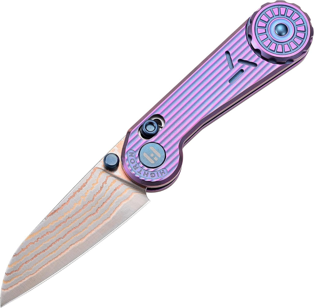 Hightron EdgePlay Premium Fidget Knife 2.64' Copper Damascus Blade and Titanium Handle Tactical EDC Knives with Pocket Clip Axis-Lock for Men Women Lightweight Folding Knife for Outdoor Indoor Purple