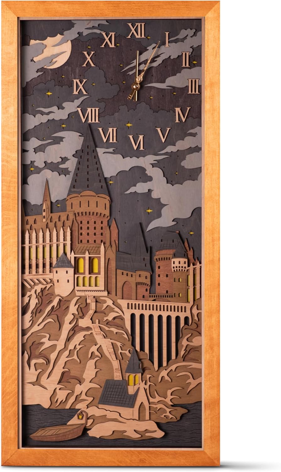 Hogwarts 3D Wall Clock - Unique Collectible Wooden Clock - Silent Large Modern Rustic Decorative Home Decor for Harry Potter Fans (Oak Brown, XL)