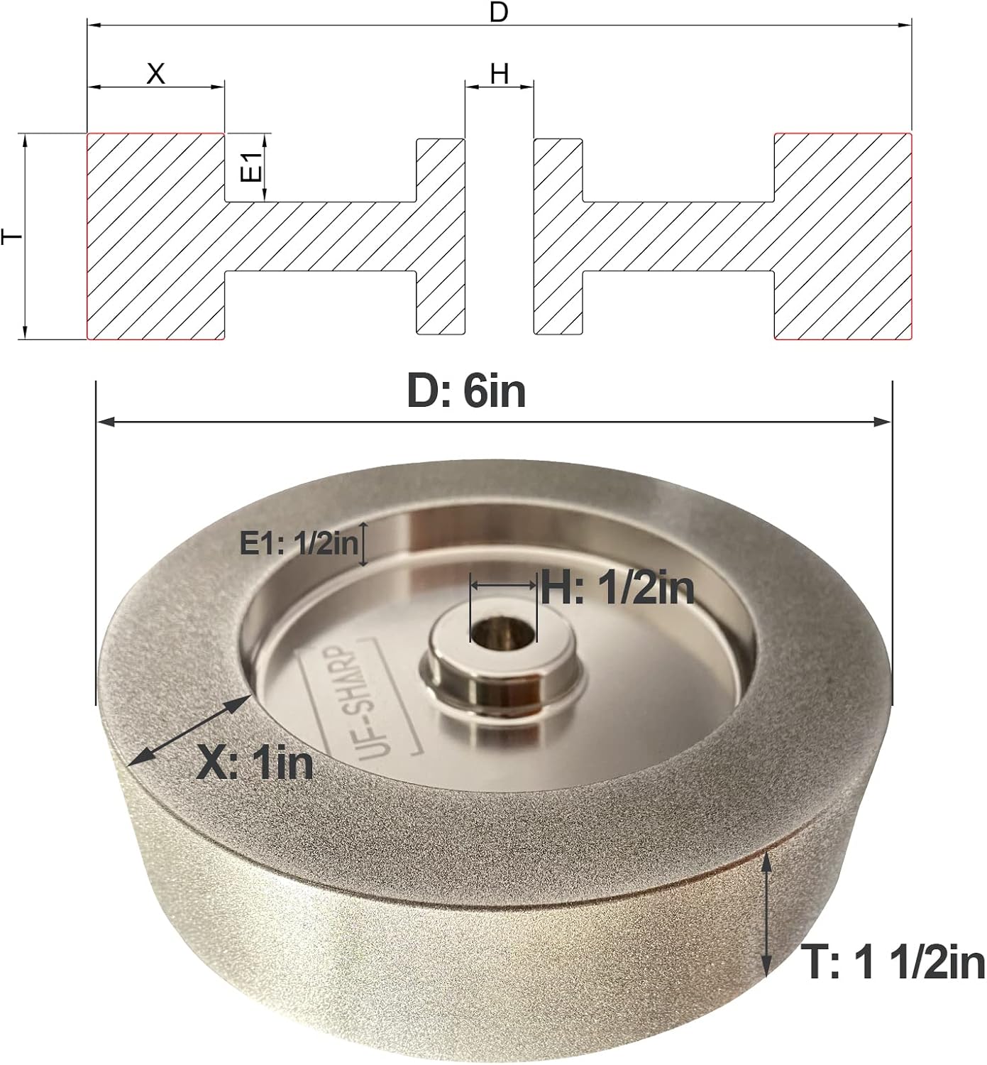 6 inch CBN Grinding Wheel 180 Grit, 6' Dia x 1.5' Wide x 1/2' Bore （Aluminum Body） for Sharpening High Speed Steel Tools、Woodturning Tools (6'x1.5')