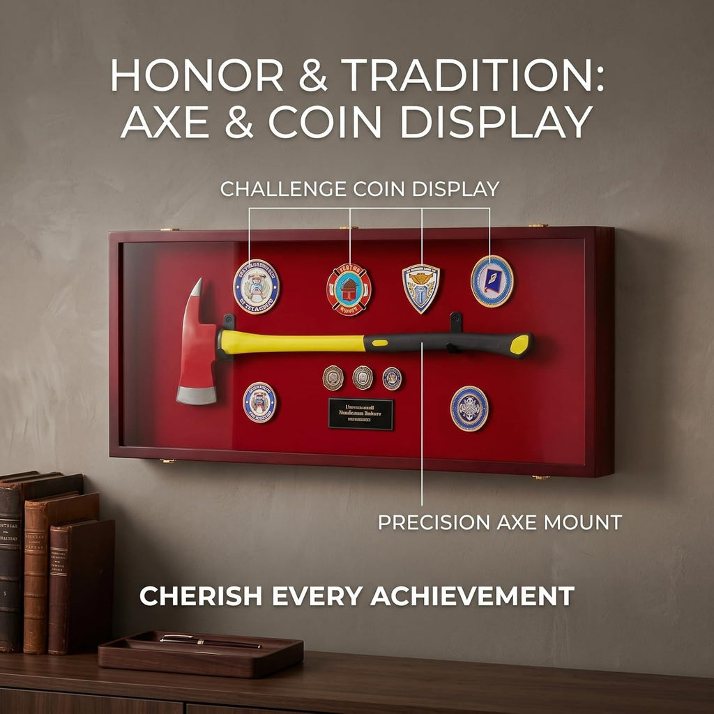Silipull 44.5'' Firefighter Fireman Axe Display Case Wooden Wall Mount Storage Display Rack with Hanger Stand Lock W/ 98% UV Protection Acrylic Clear Door for Retired Firefighter Collector Memorabilia