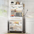 JKGHK 5-Tier Bakers Racks with Storage for Kitchens, Microwave Stand on Wheels with Flip Door Cabinets and Pegboard, Tall Kitchen Pantry Cabinet with Drawer for Home(White,80cm/31.4in)