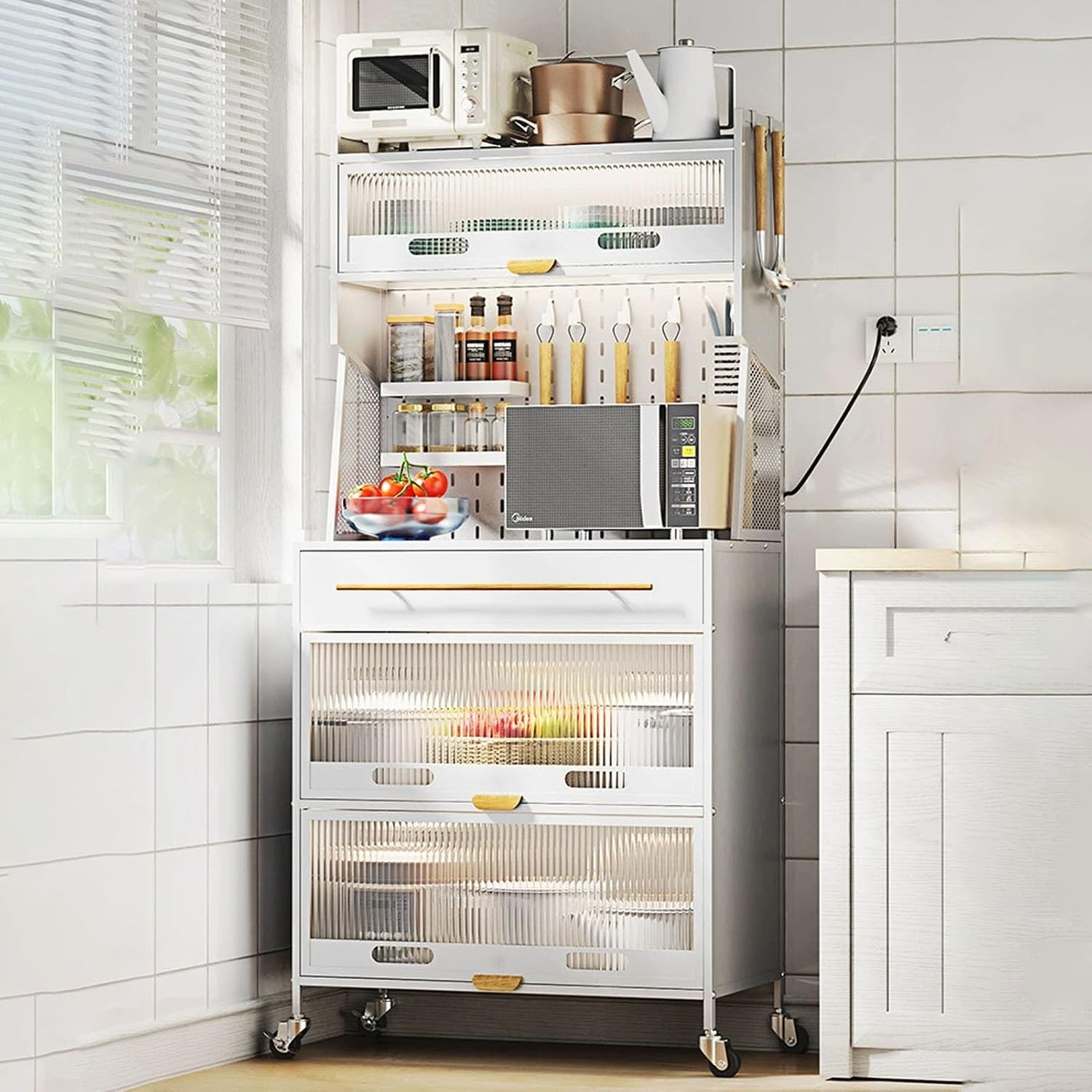 JKGHK 5-Tier Bakers Racks with Storage for Kitchens, Microwave Stand on Wheels with Flip Door Cabinets and Pegboard, Tall Kitchen Pantry Cabinet with Drawer for Home(White,80cm/31.4in)