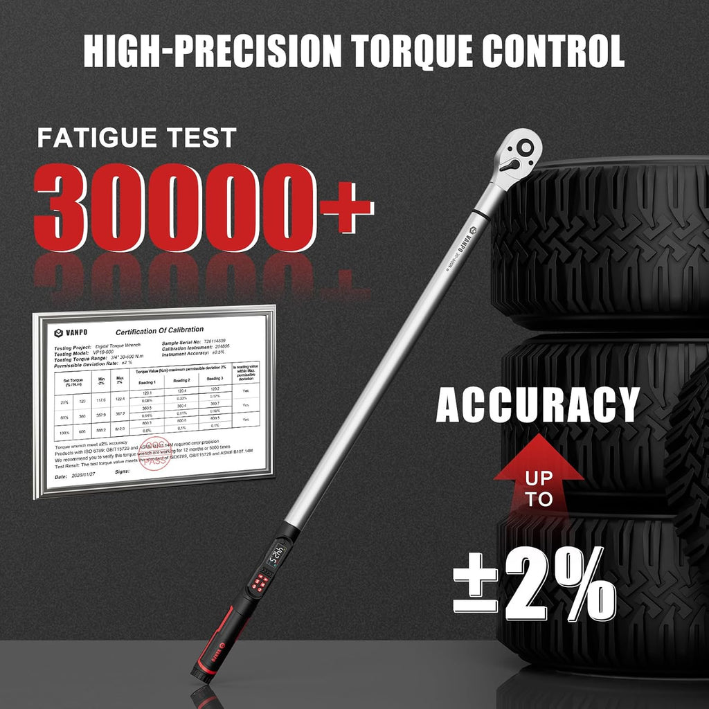 VANPO 3/4-Inch Digital Torque Wrench 22.1-442.5 Ft-Lb/30-600Nm, ±2% Accuracy Heavy-Duty Electronic Torque Wrench with Triple Alert, Preset Memory for Trucks, Construction & Industrial Equipment