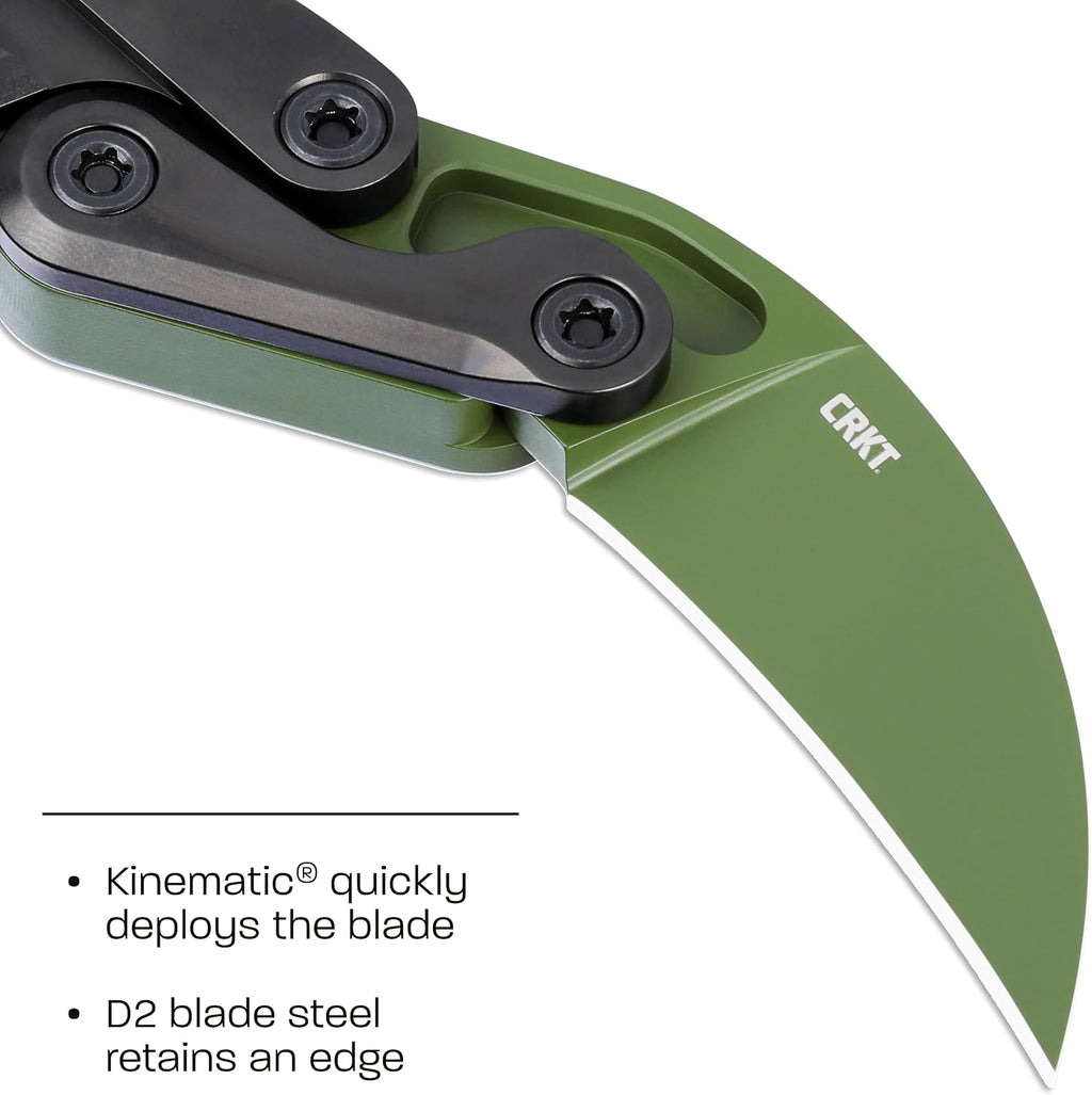 CRKT Provoke Folding Knife with Kinematic: Morphing Karambit, D2 Steel Plain Edge Blade, Green Aluminum Handle, Pocket Clip, 4040BG