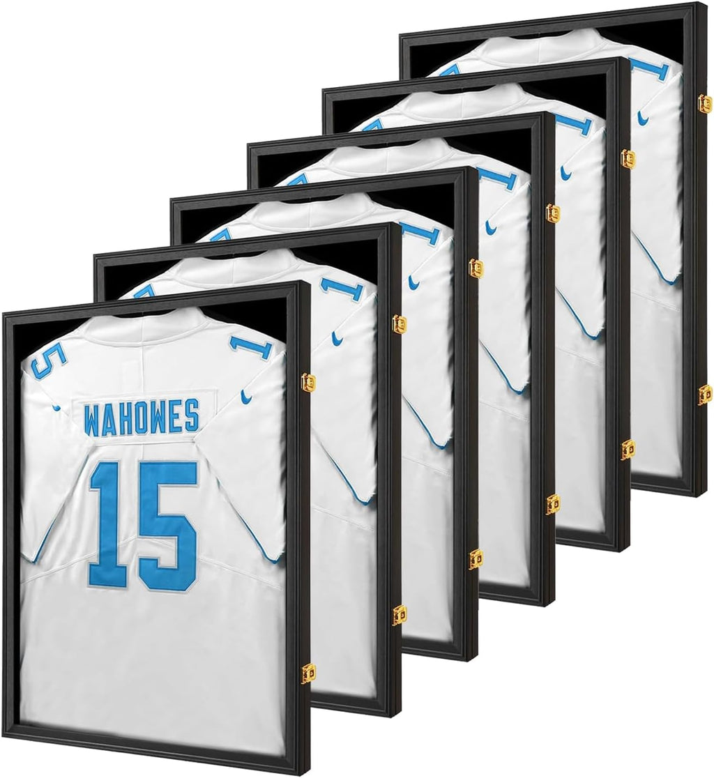 Jersey Frame Display Case 6 Pack-Wood Jersey Display Shadow Box- Lockable Jersey Frame with 2 Wall Hangers and UV Protected Acrylic for Football Baseball Basketball Jersey-Black