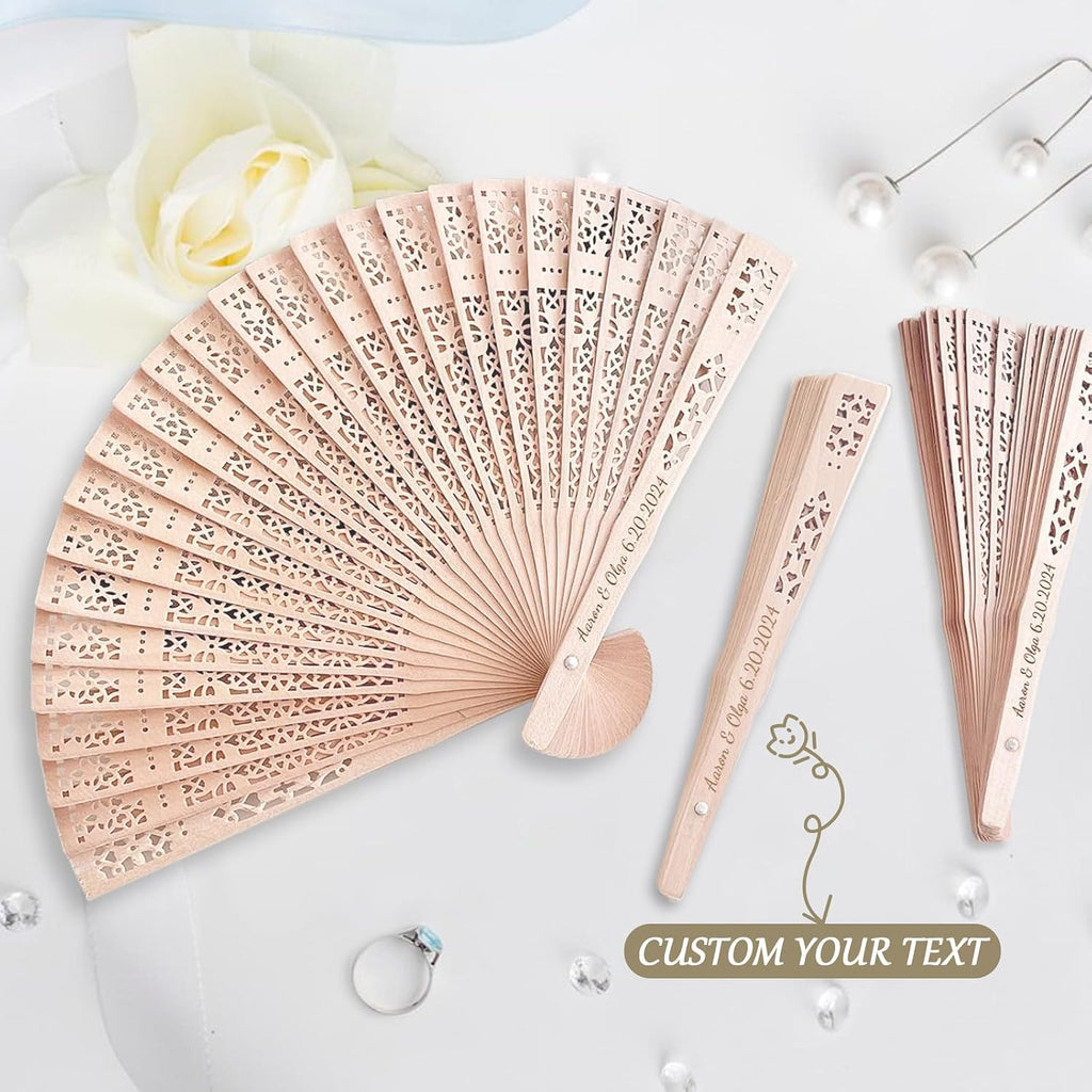 Custom Folding Hand Fan, Personalized Engraved Text Wedding Fans, Custom Wooden Fans Party Favor Bridal Shower Gifts for Guests Bulk 100 (100)