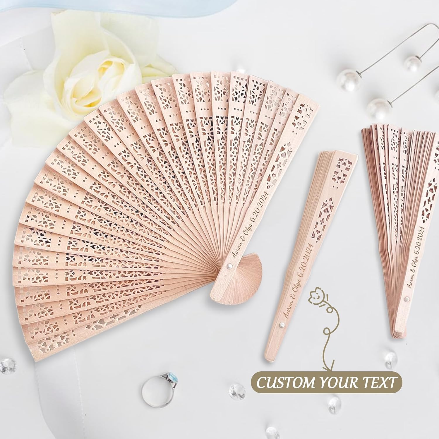 Custom Folding Hand Fan, Personalized Engraved Text Wedding Fans, Custom Wooden Fans Party Favor Bridal Shower Gifts for Guests Bulk 100 (100)
