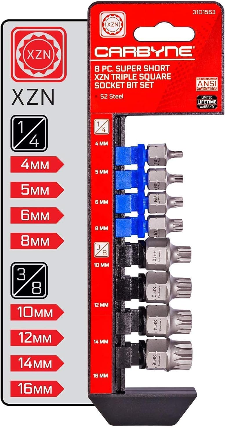 CARBYNE 4 Super Short Bit Socket Sets - 8 Piece XZN Triple Square, 9 Piece SAE Hex, 9 Piece Metric Hex AND 12 Piece Torx