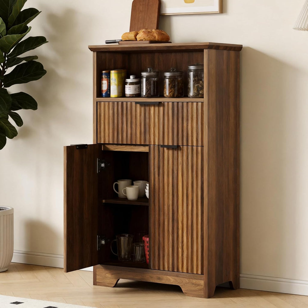 Fluted Buffet Cabinet with Storage, Modern Coffee Bar Cabinet with Drawer & Adjustable Shelf, Wood Sideboard Cabinet for Kitchen, Bathroom, Entryway and Living Room Walnut