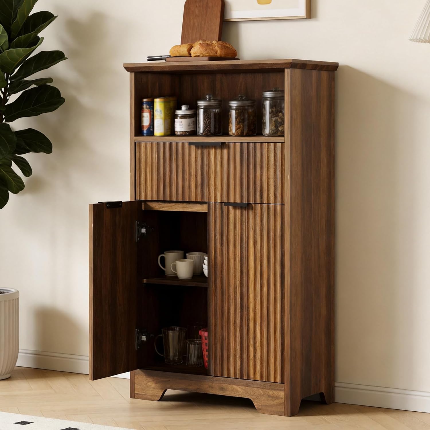 Fluted Buffet Cabinet with Storage, Modern Coffee Bar Cabinet with Drawer & Adjustable Shelf, Wood Sideboard Cabinet for Kitchen, Bathroom, Entryway and Living Room Walnut