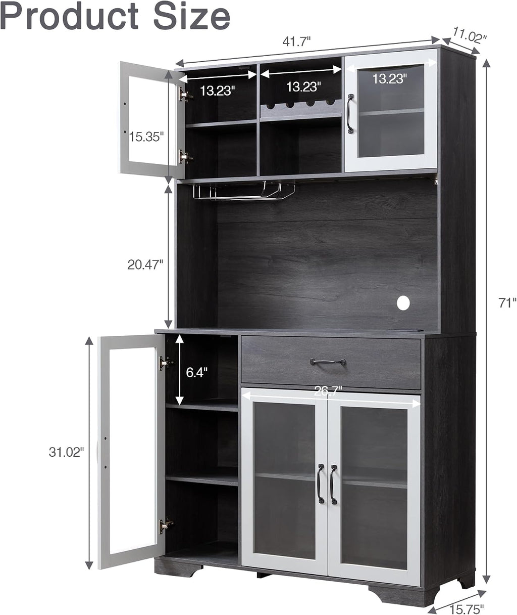 Fatmok 71' Tall Pantry Cabinet with Glass Doors, Kitchen Hutch Storage Cabinet, Coffee Bar & Liquor Cabinet with Charging Station & LED Lights, Wine Rack, Adjustable Shelves＆Large Drawer, Grey