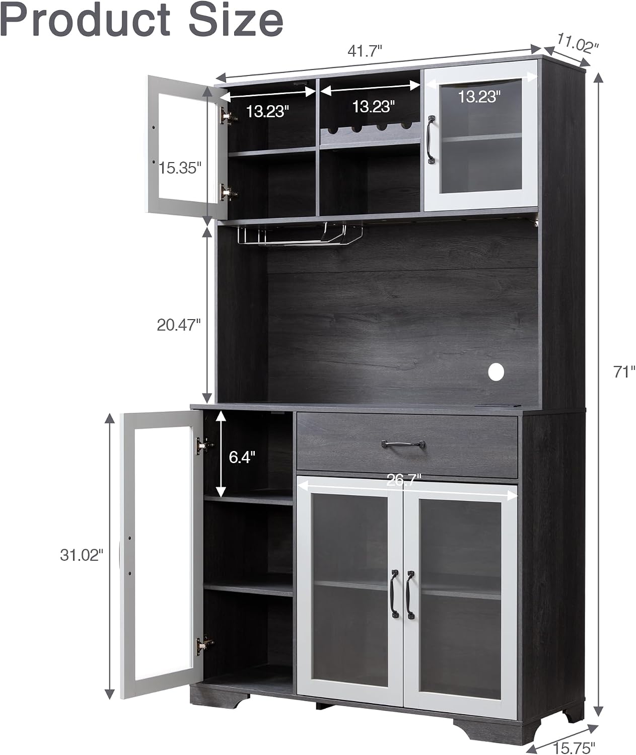 Fatmok 71' Tall Pantry Cabinet with Glass Doors, Kitchen Hutch Storage Cabinet, Coffee Bar & Liquor Cabinet with Charging Station & LED Lights, Wine Rack, Adjustable Shelves＆Large Drawer, Grey