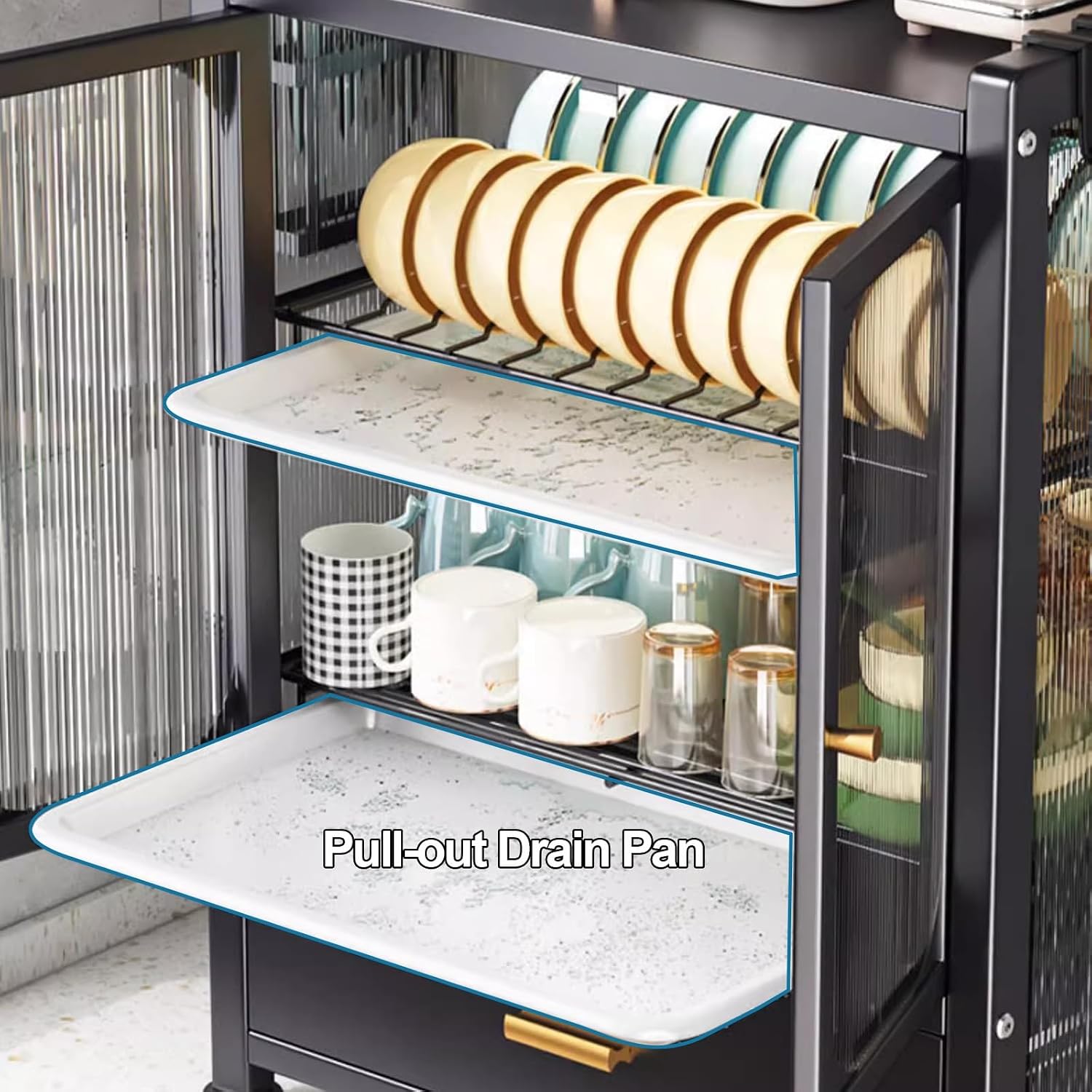 Dish Drainers,Kitchen Countertop Dish Drying Rack with Drawers, Bakers Rack and Microwave Stand Storage Cabinet for Kitchen Organization(A)