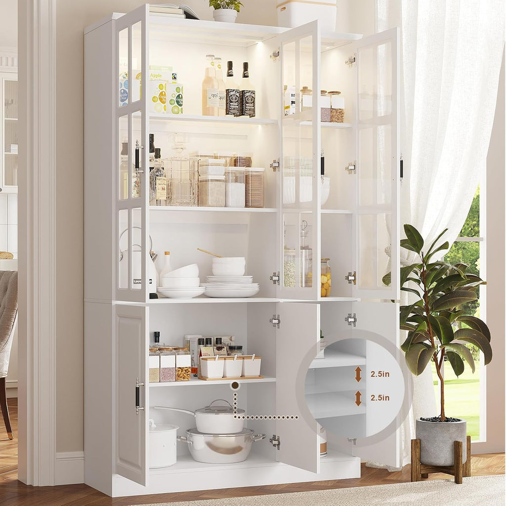 MEISSALIVVE 78.7' Kitchen Pantry Storage Cabinet with LED Lights, Tall Pantry Cabinet with Glass Doors, Kitchen Hutch Utility Pantry, White (47.2' W x 15.7' D)