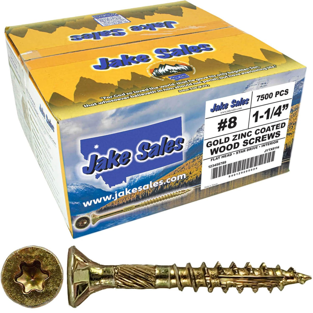 Jake Sales #8 x 1-1/4' Gold Star Wood Screw Torx/Star Drive Flat Head (Full Box - 7,500 Screw Count) - Multipurpose Purpose Torx/Star Drive Wood Screws