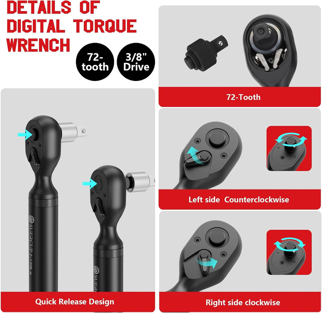 SUERCUP 3/8-inch Digital Torque Wrench(1.5-99.6Ft.Lb/2-135Nm) ；3/8-Inch Drive Click Torque Wrench - 5-45 Ft-Lb/6.8-61Nm Torque Wrench