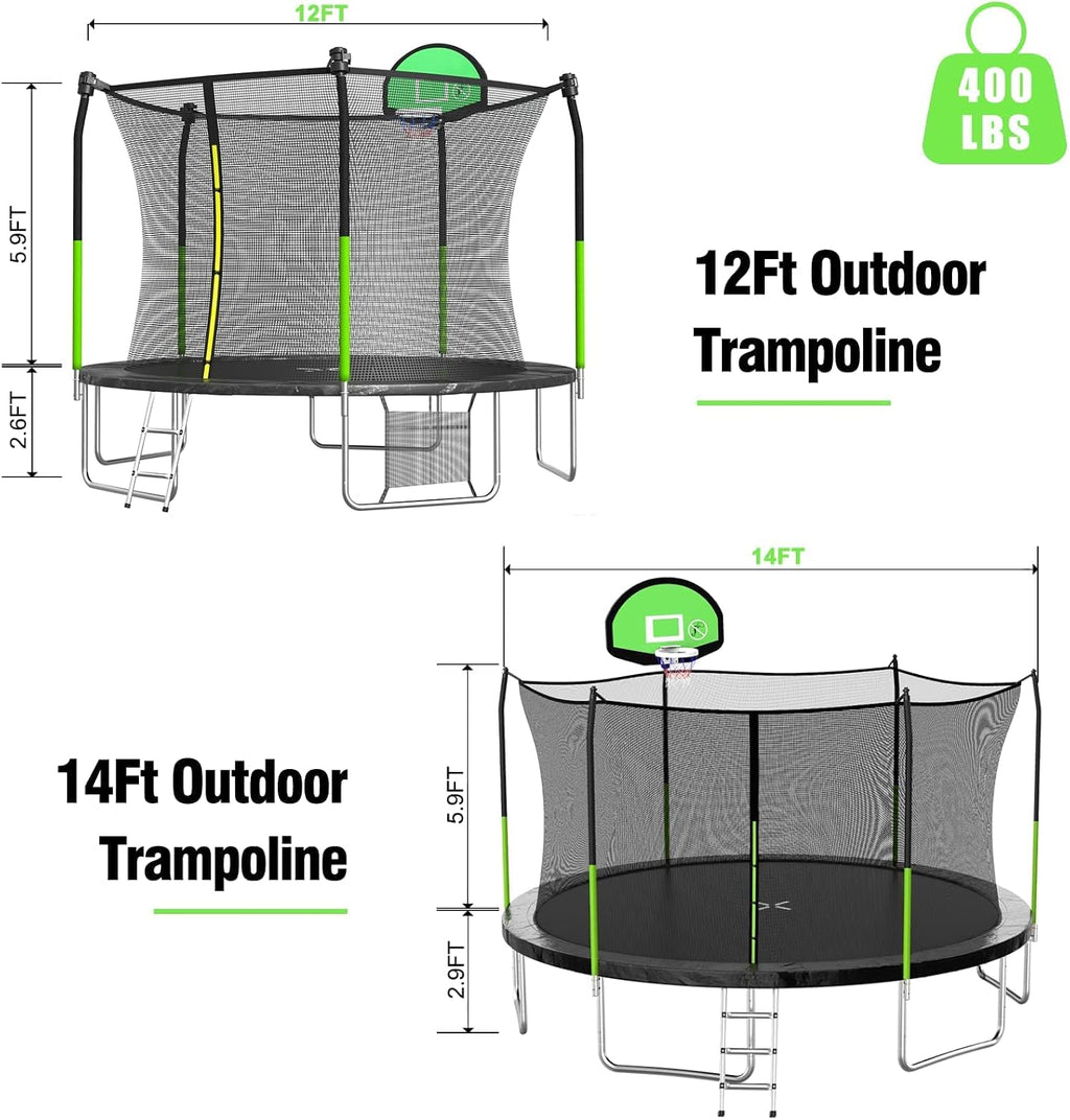 SKOK 14FT Trampolines with Net, 400LBS Outdoor Trampolines for Kids with Basketball Hoop -ASTM Approved Trampoline for Children and Adults