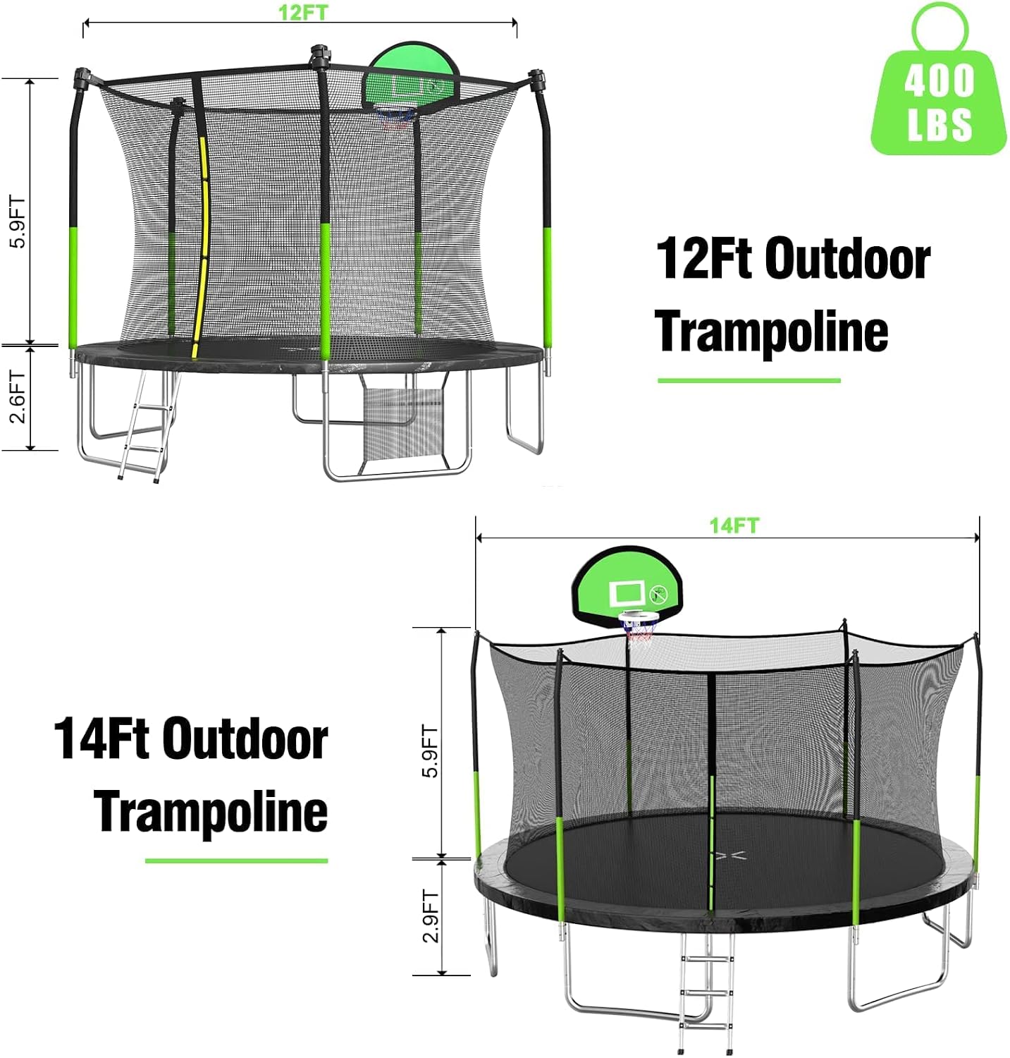 SKOK 14FT Trampolines with Net, 400LBS Outdoor Trampolines for Kids with Basketball Hoop -ASTM Approved Trampoline for Children and Adults