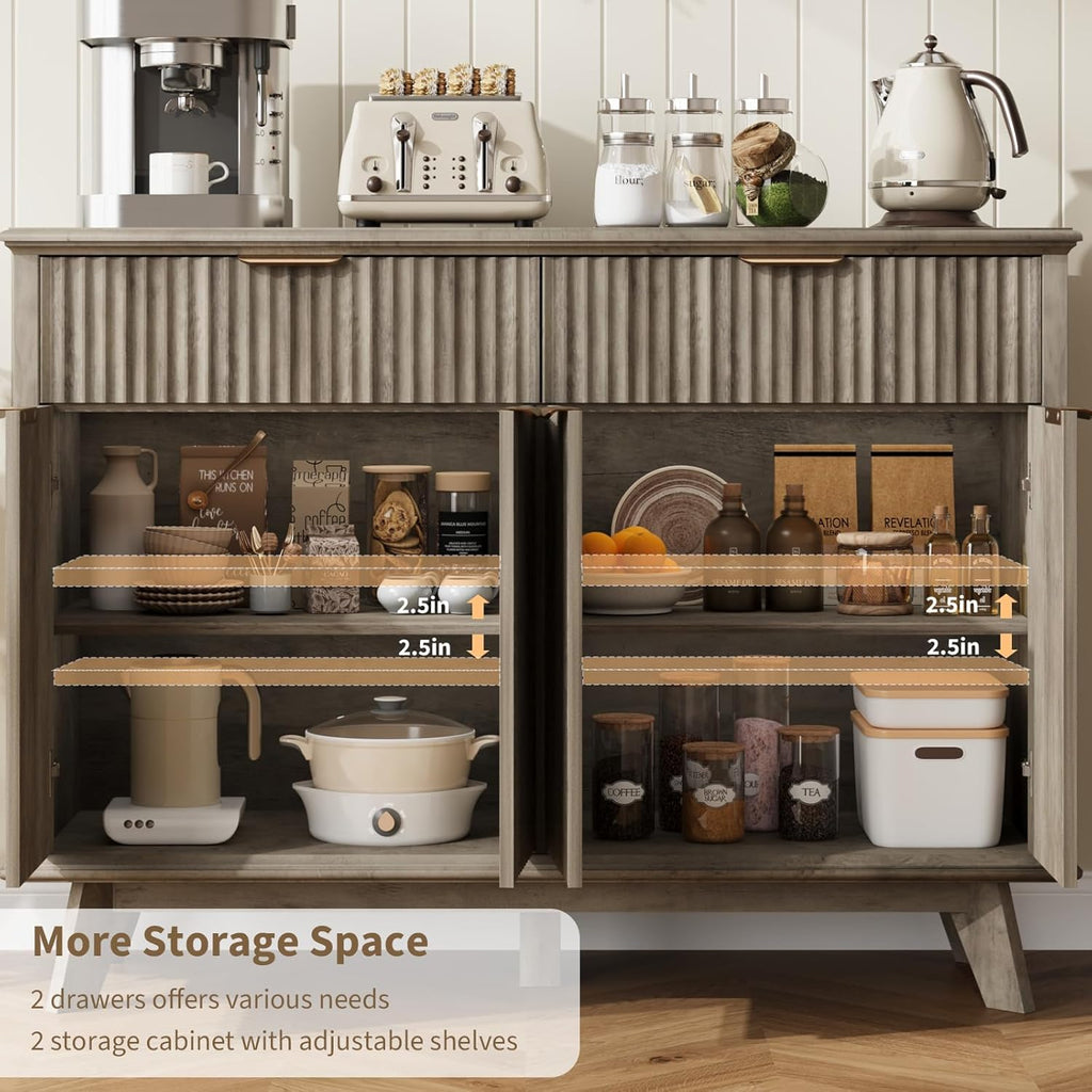 QUW Fluted Buffet Sideboard Cabinet with Storage, 47.2' Kitchen Cabinet with Drawers and Adjustable Shelves, Modern Coffee Bar with Charging Station, for Dining Room, Living Room, Grey