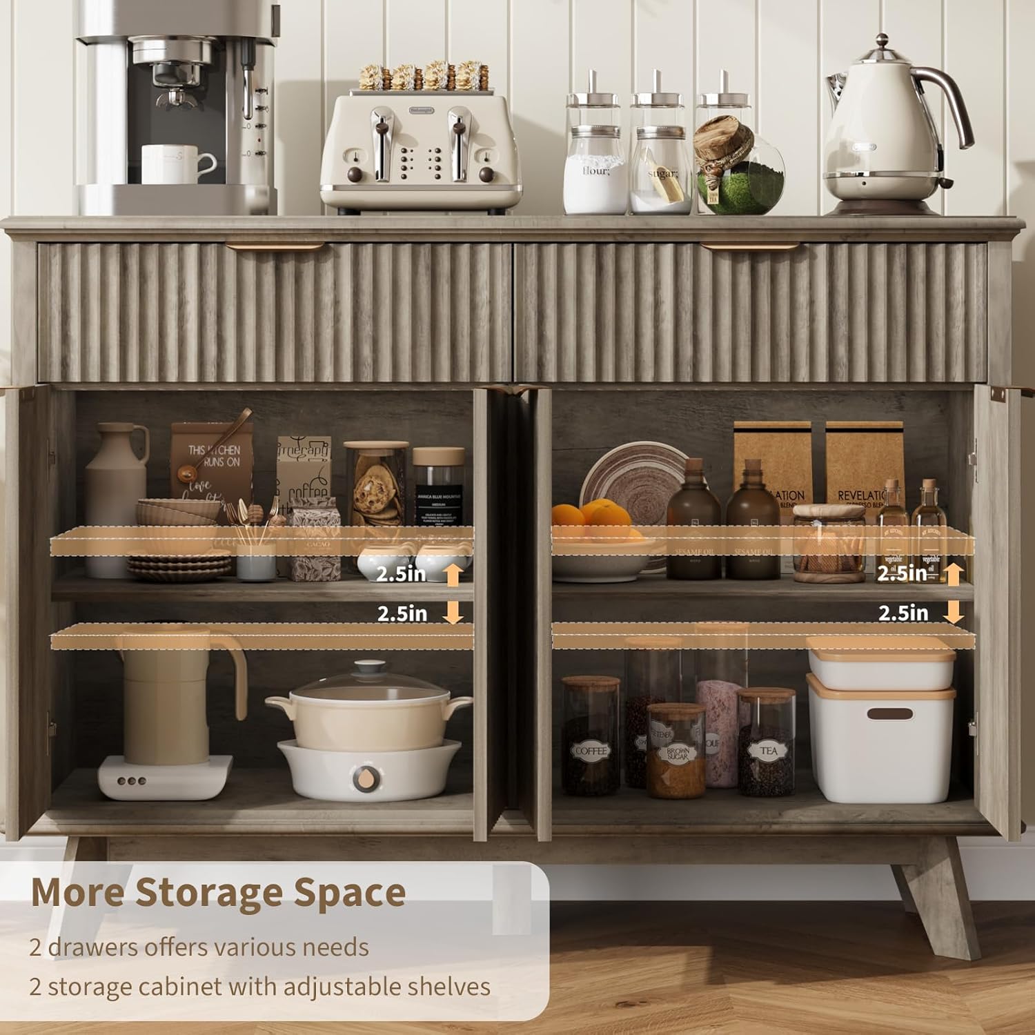 QUW Fluted Buffet Sideboard Cabinet with Storage, 47.2' Kitchen Cabinet with Drawers and Adjustable Shelves, Modern Coffee Bar with Charging Station, for Dining Room, Living Room, Grey