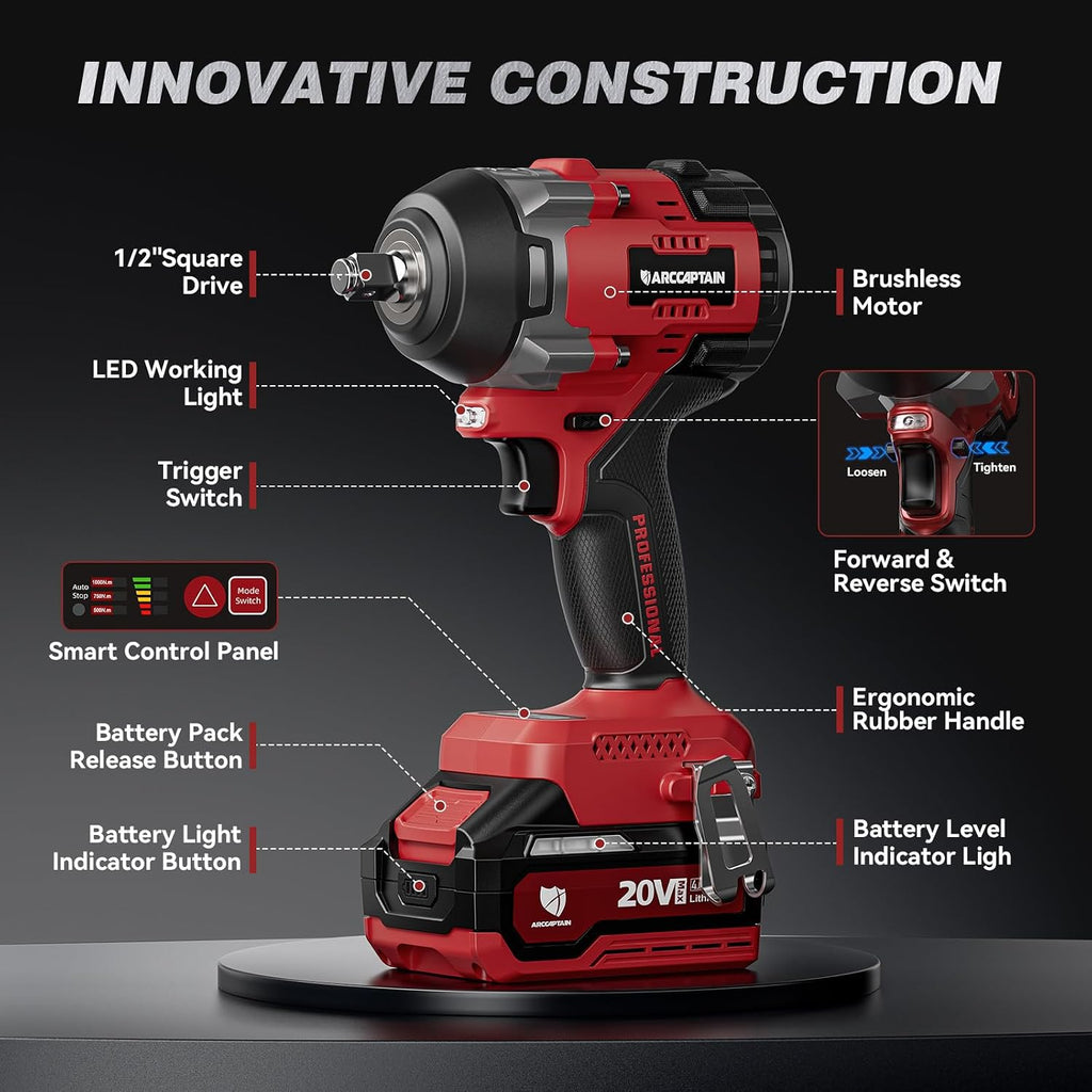 ARCCAPTAIN Cordless Impact Wrench, 1500N.m (1106Ft-lbs) 1/2' High Torque Impact Gun, 15C High-Rate 2x4.0Ah Batteries, 20V Power Impact Driver, Supports Up to 40mm Socket for Heavy Truck/Car/Pickup