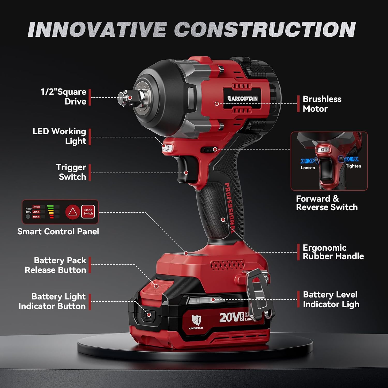 ARCCAPTAIN Cordless Impact Wrench, 1500N.m (1106Ft-lbs) 1/2' High Torque Impact Gun, 15C High-Rate 2x4.0Ah Batteries, 20V Power Impact Driver, Supports Up to 40mm Socket for Heavy Truck/Car/Pickup