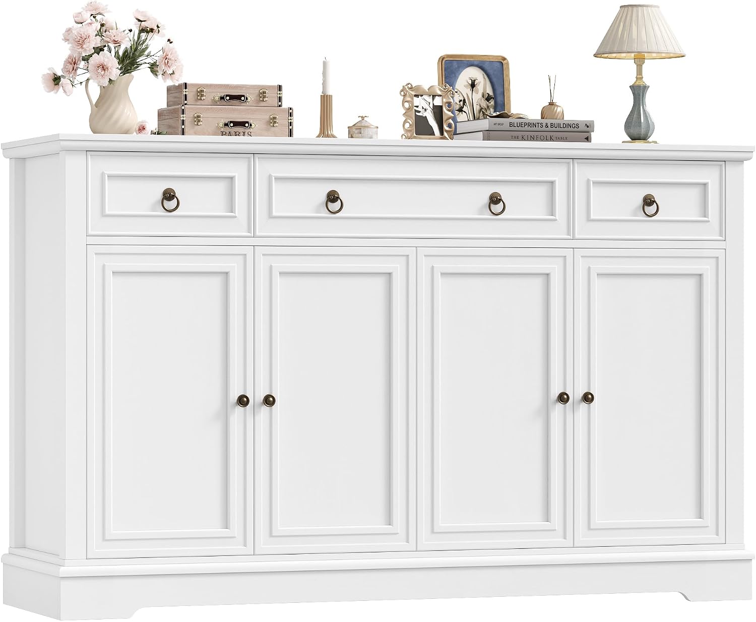 FINETONES Buffet Cabinet with Storage, 52.7' Large Sideboard Buffet Cabinet, White Kitchen Cabinet with 3 Drawers and 4 Doors, Wood Coffee Bar for Kitchen Dining Room, White