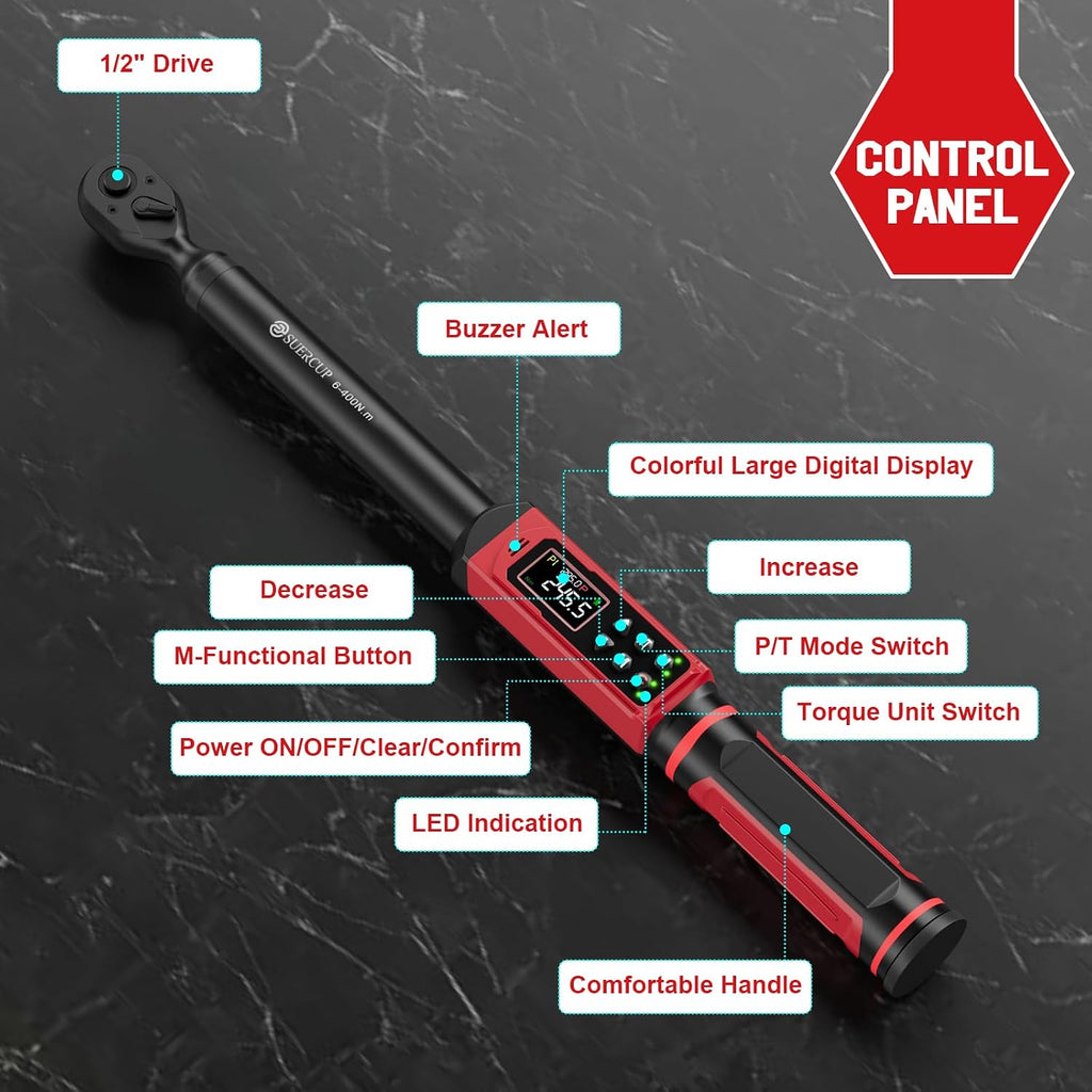 SUERCUP 1/2' Digital Torque Wrench (4.4-295 Ft.lb / 6-400Nm) for Auto/Truck | ±1% Accuracy with Vibration/Buzzer/LED Alerts, 9 Presets & 5 Units, for Engine, Suspension, Trailer & Industrial Assembly