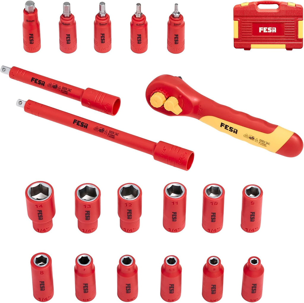 FESA Electrician Insulated Socket Set - 1000V 20-Piece Professional Insulated Ratchet & Socket Wrench Set (1/4' Drive) w/ 2 Extensions & 5 Hex Bits - 1000 Volt Tools for Electricians