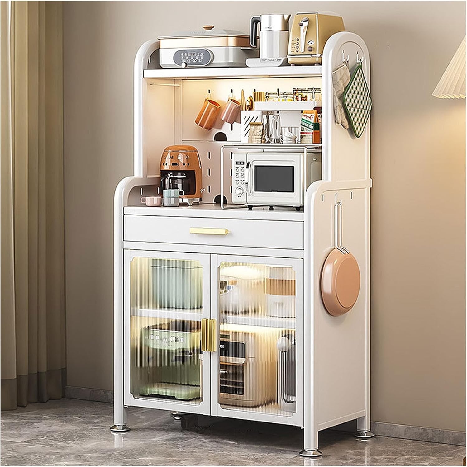 Generic White,147.5×60cm/58×23.6in, Kitchen Bakers Rack with Drawer, 5 Tier Microwave Stand, Kitchen Utility Storage Shelf with Adjustable Shelf, Kitchen Storage Cabinets, Free Standing Kitchen Shelf